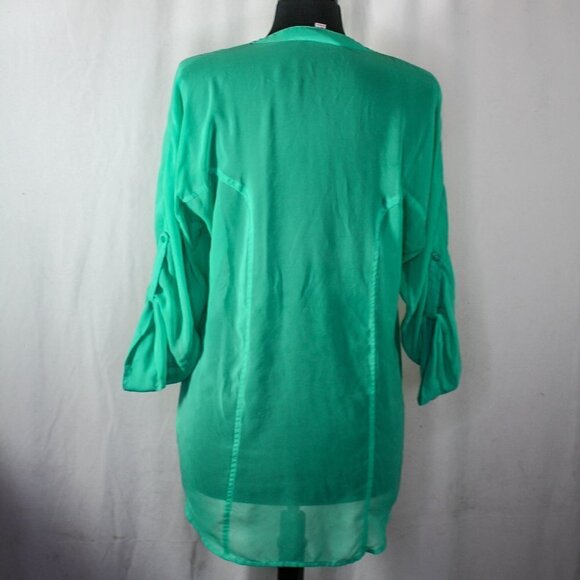Candie's Sheer Green Button Down Blouse Hi Low Button Tab Sleeves Size M - Picture 3 of 5